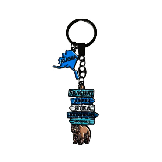 Alaska themed keychain with inside passage cities on a signpost