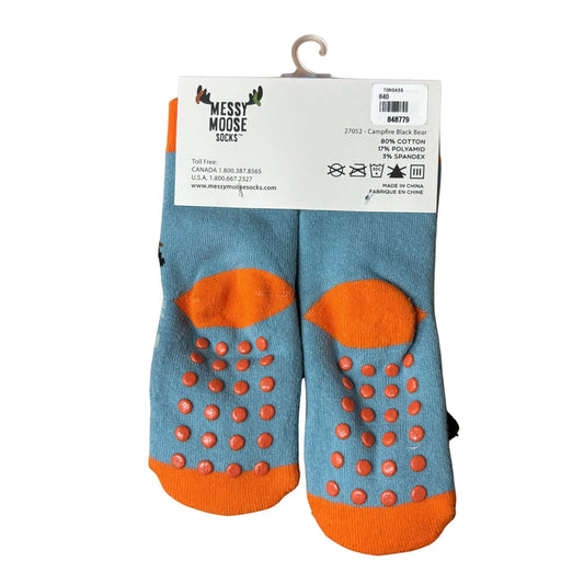 Pair of blue socks with orange accents and textured sole, featuring 'Messy Moose Socks' branding.