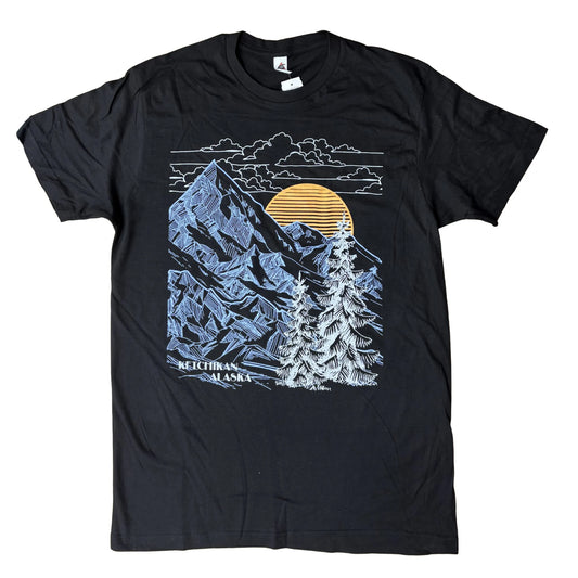 Black t-shirt with mountain and tree graphic