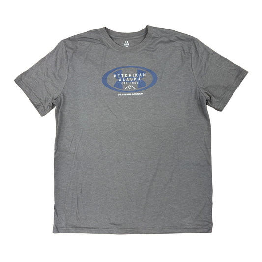 Gray t-shirt with a blue and white logo on a white background