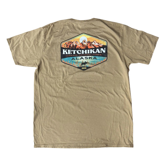 Beige t-shirt with Ketchikan Alaska graphic on a white background