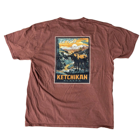Red t-shirt with a graphic design on the back featuring mountains and a moose, labeled 'Ketchikan, Alaska'.