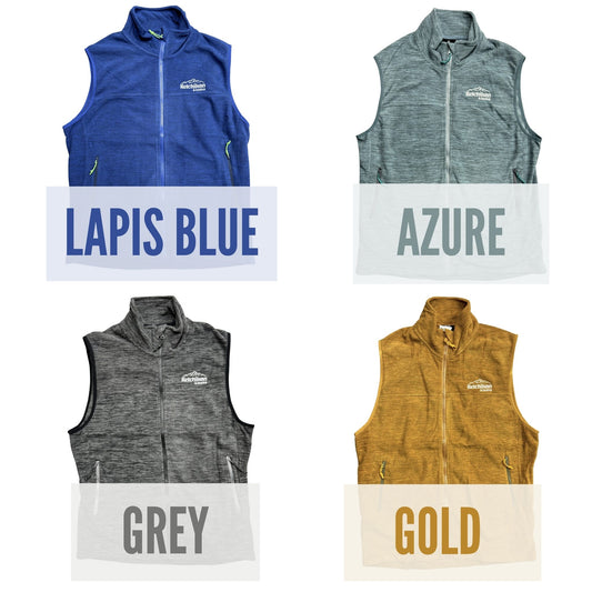 Four vests in different colors with labels for color names on a white background