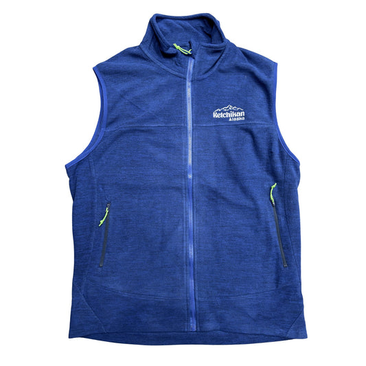 Lapis blue colored vest with Ketchikan Alaska embroidery detail