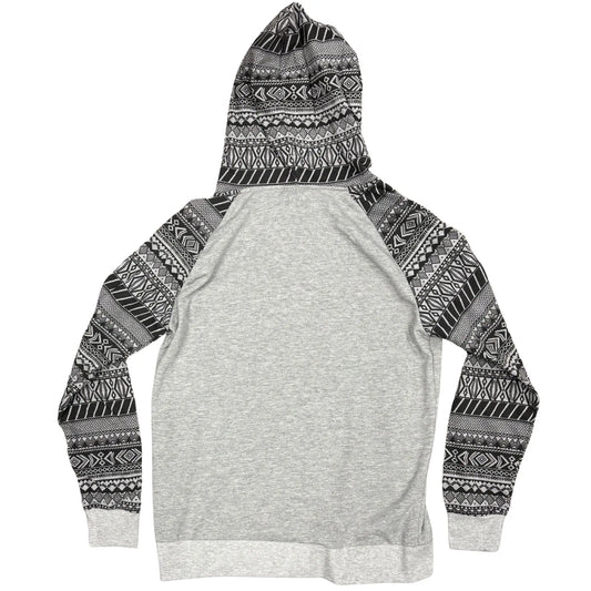 Grey hoodie with black and grey patterned sleeves