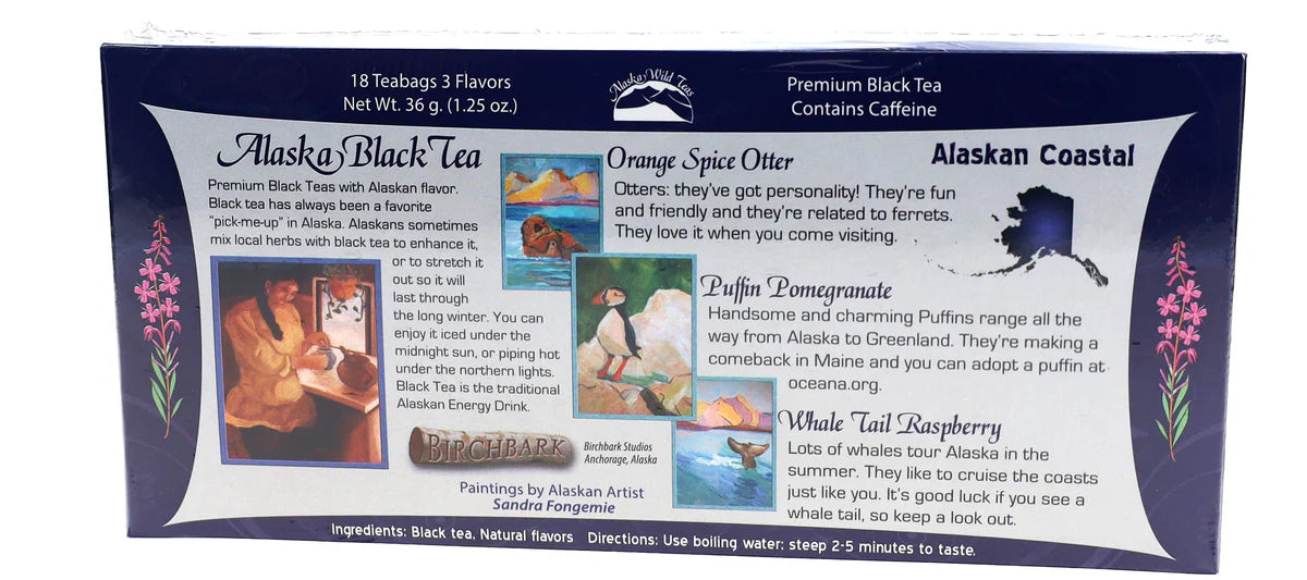 Alaska Black Tea package with images and text on a blue background