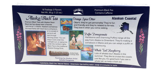 Alaska Black Tea package with images and text on a blue background