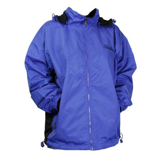 Blue raincoat with black accents on a white background
