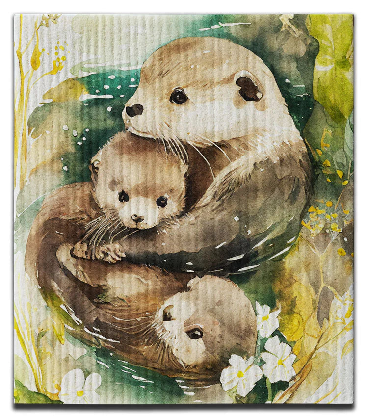 Dishcloth with three otters in a circular arrangement with floral elements