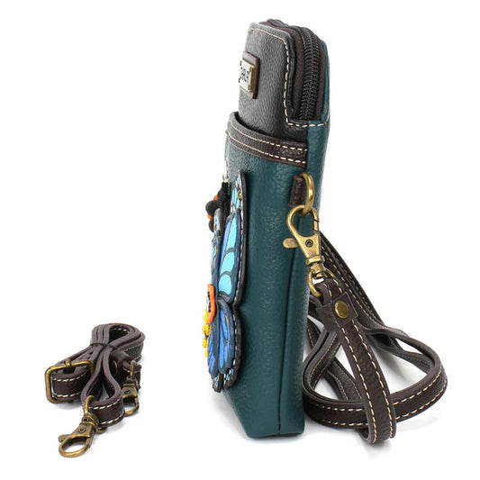 Turquoise faux leather phone bag with butterfly design and detachable strap