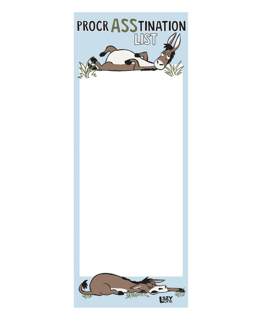 Notepad with cartoon donkeys and text 'ProcrASSINATION LIST' on a light blue background
