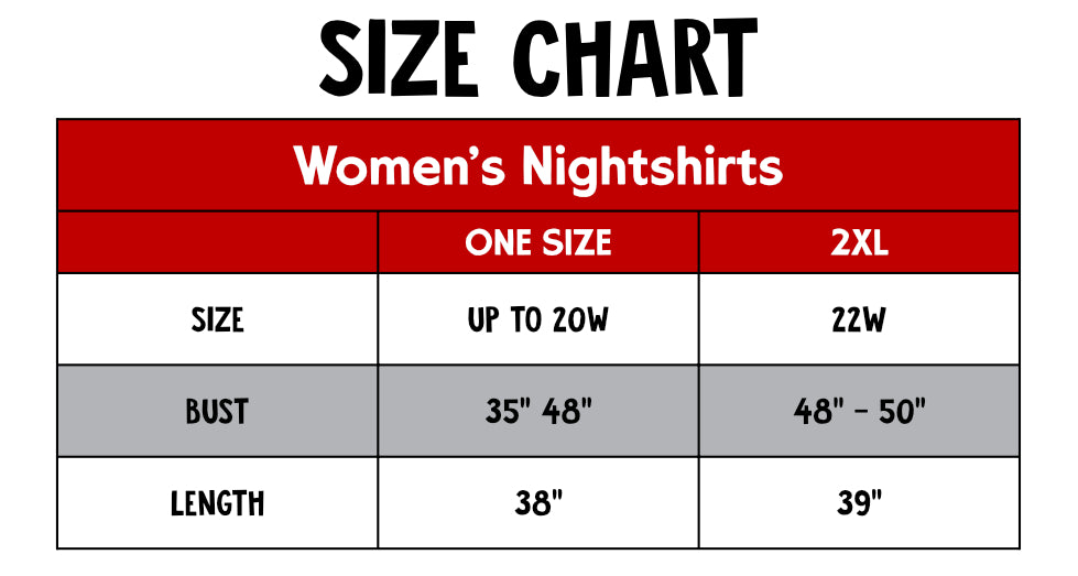 Size chart for women's nightshirts with size categories and measurements.