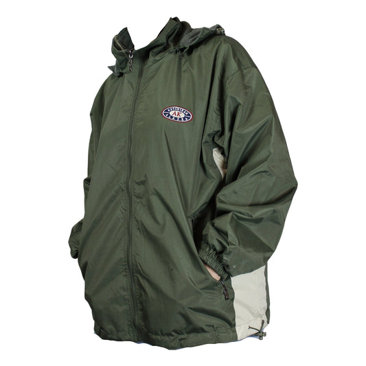 Green raincoat with a brand logo on a white background