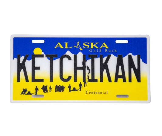 Alaska license plate sticker with 'Ketchikan' and gold rush design