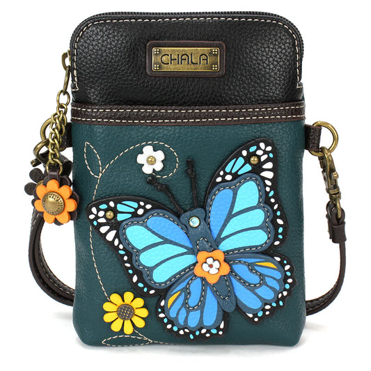 Turquoise crossbody bag with blue butterfly design and floral details, featuring the brand 'Chala'.