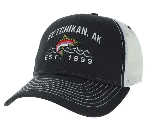 Black and white cap with Ketchikan, AK text and fish design on a white background