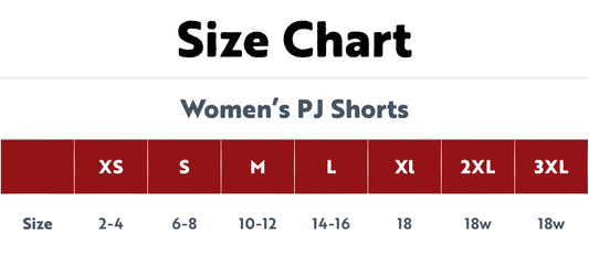 Size chart for women's PJ shorts with size labels and corresponding measurements.