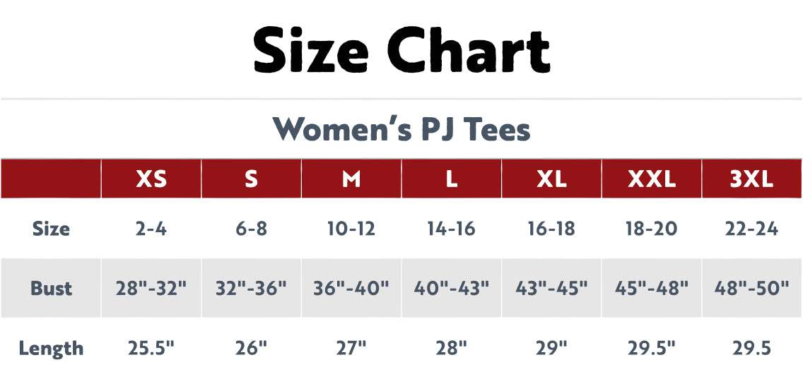 Size Chart for Women's PJ Tees