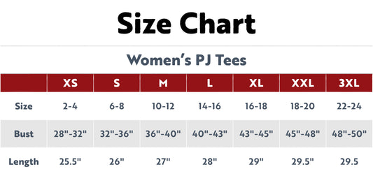 Size Chart for Women's PJ Tees