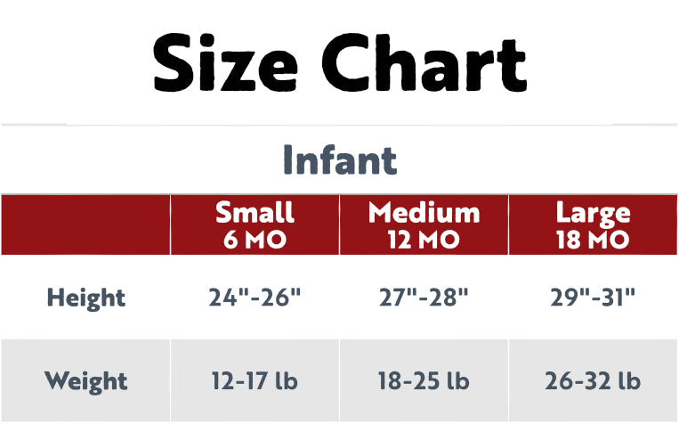 Size chart for infants with height and weight ranges.