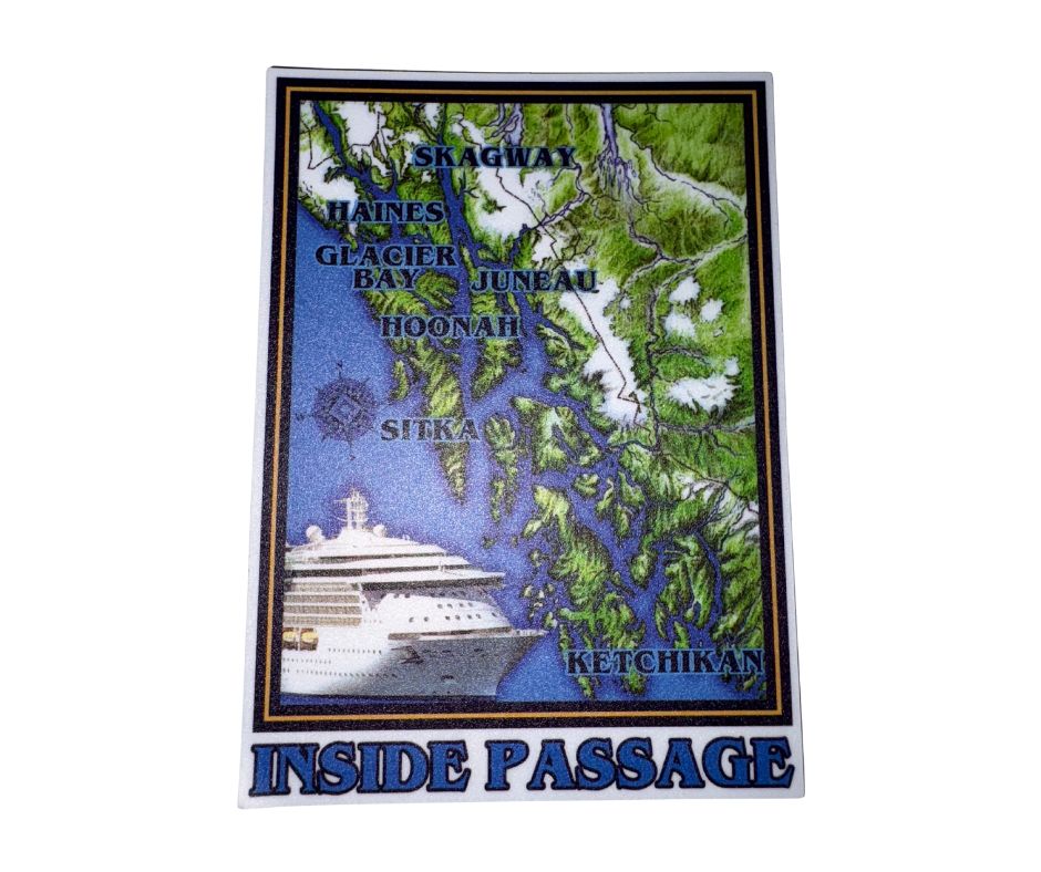 Sticker of a map of the Inside Passage with a ship illustration
