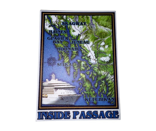 Sticker of a map of the Inside Passage with a ship illustration