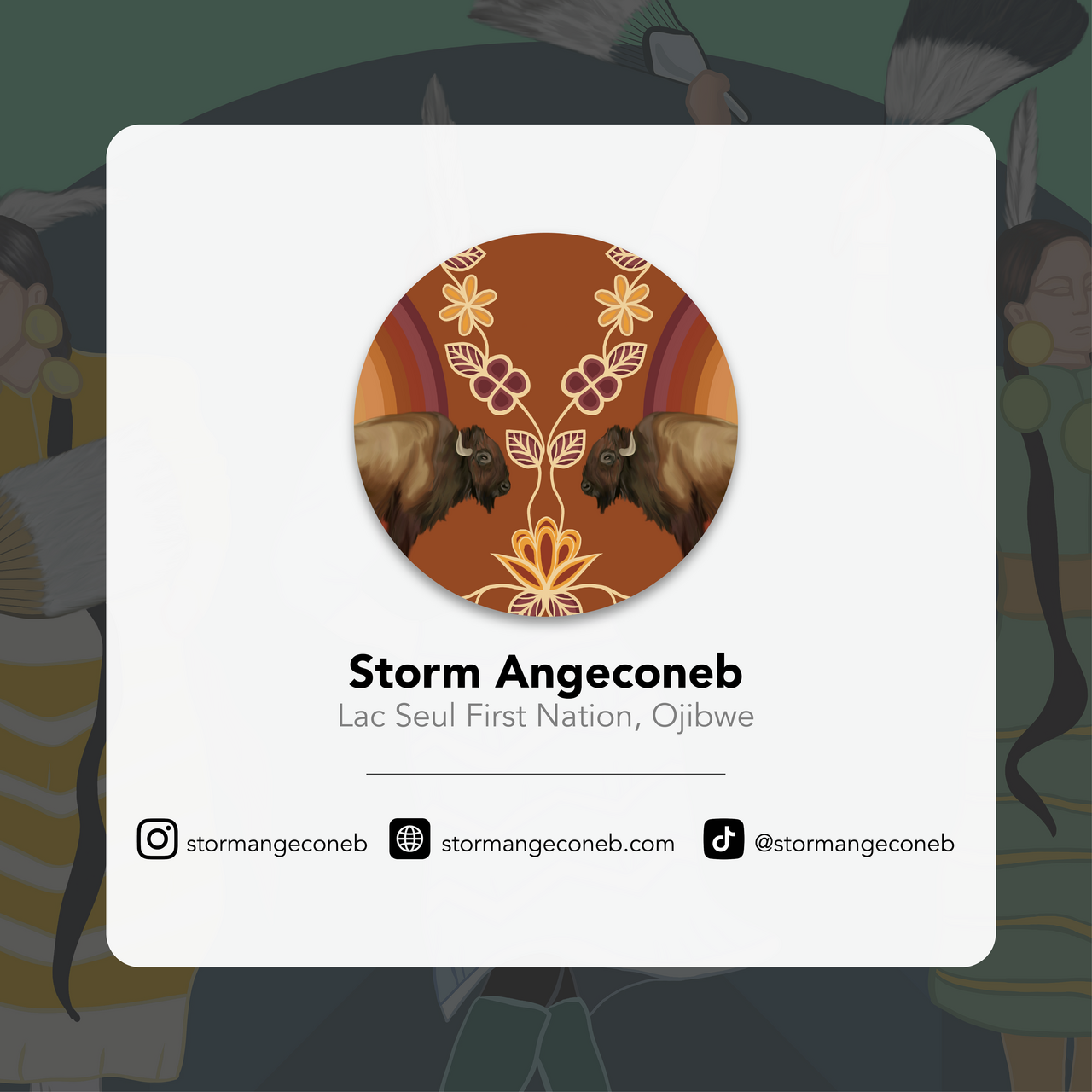 Profile card of Storm Angeconeb with a decorative design and contact information.