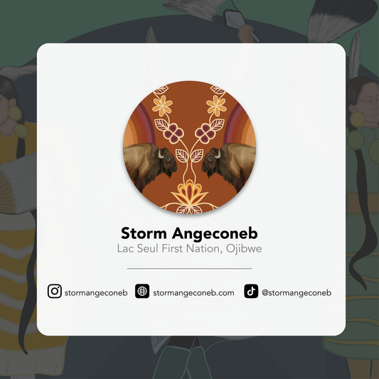 Profile card of Storm Angeconeb with a decorative design and contact information.