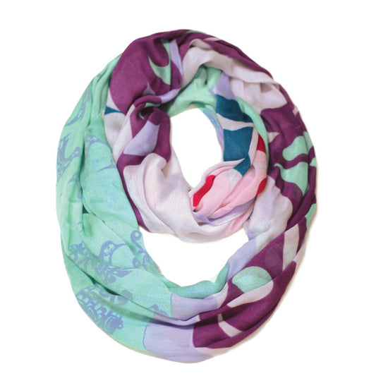 Multicolored floral patterned infinity scarf on a white background