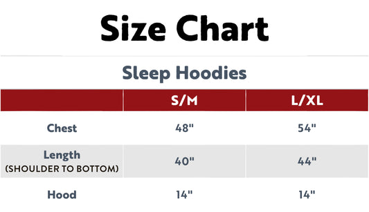 Size chart for sleep hoodies showing chest, length, and hood measurements.