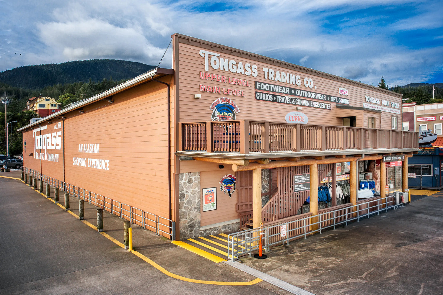 Tongass Trading Co building with mountains in the background