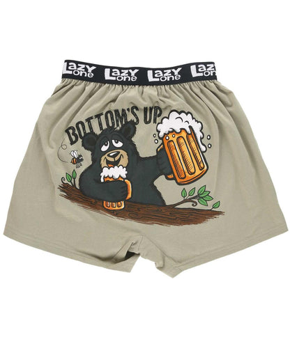 Beige boxer shorts with bear graphic and 'Bottom's Up' text on a white background