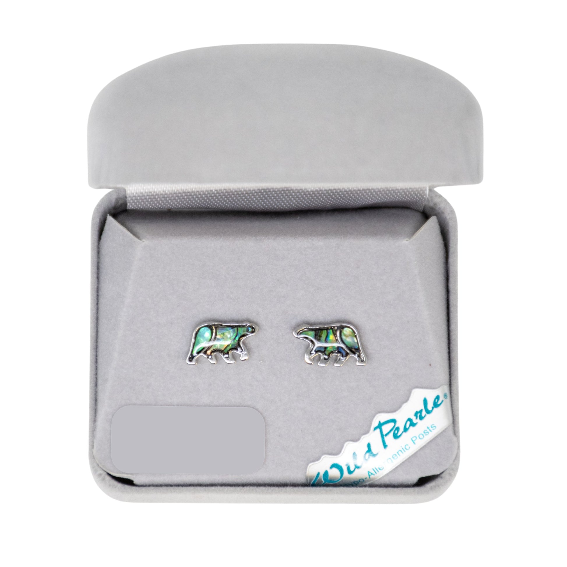 Pair of bear-shaped earrings in a gray jewelry box with 'Wild Pearle' branding.