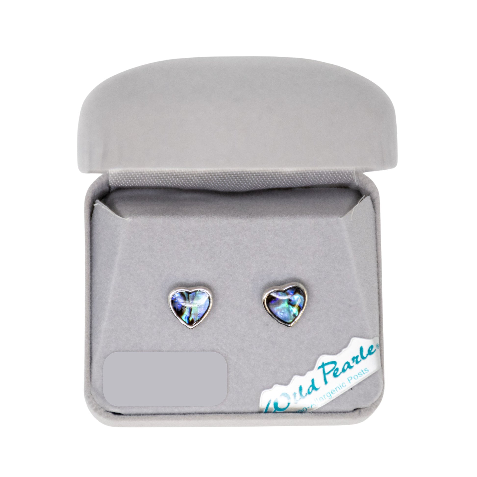Heart-shaped earrings in a gray jewelry box with 'Wild Pearle' branding.