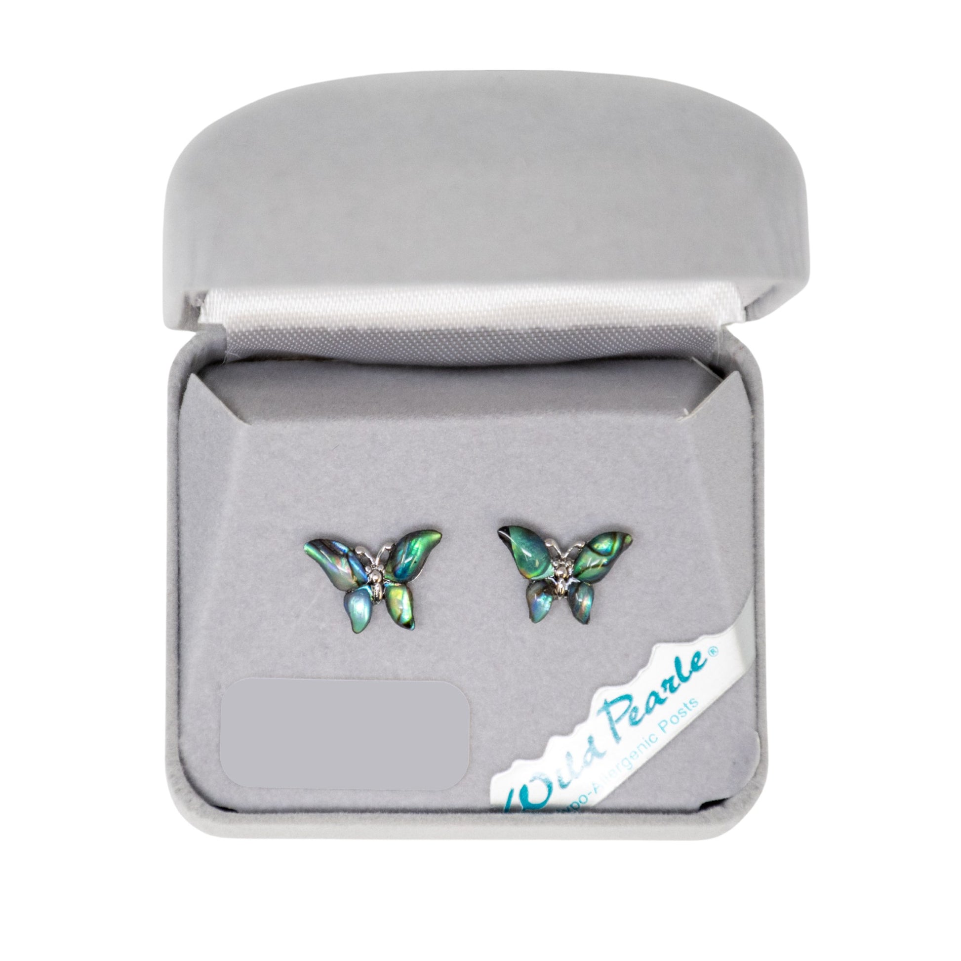 A pair of butterfly earrings in a box