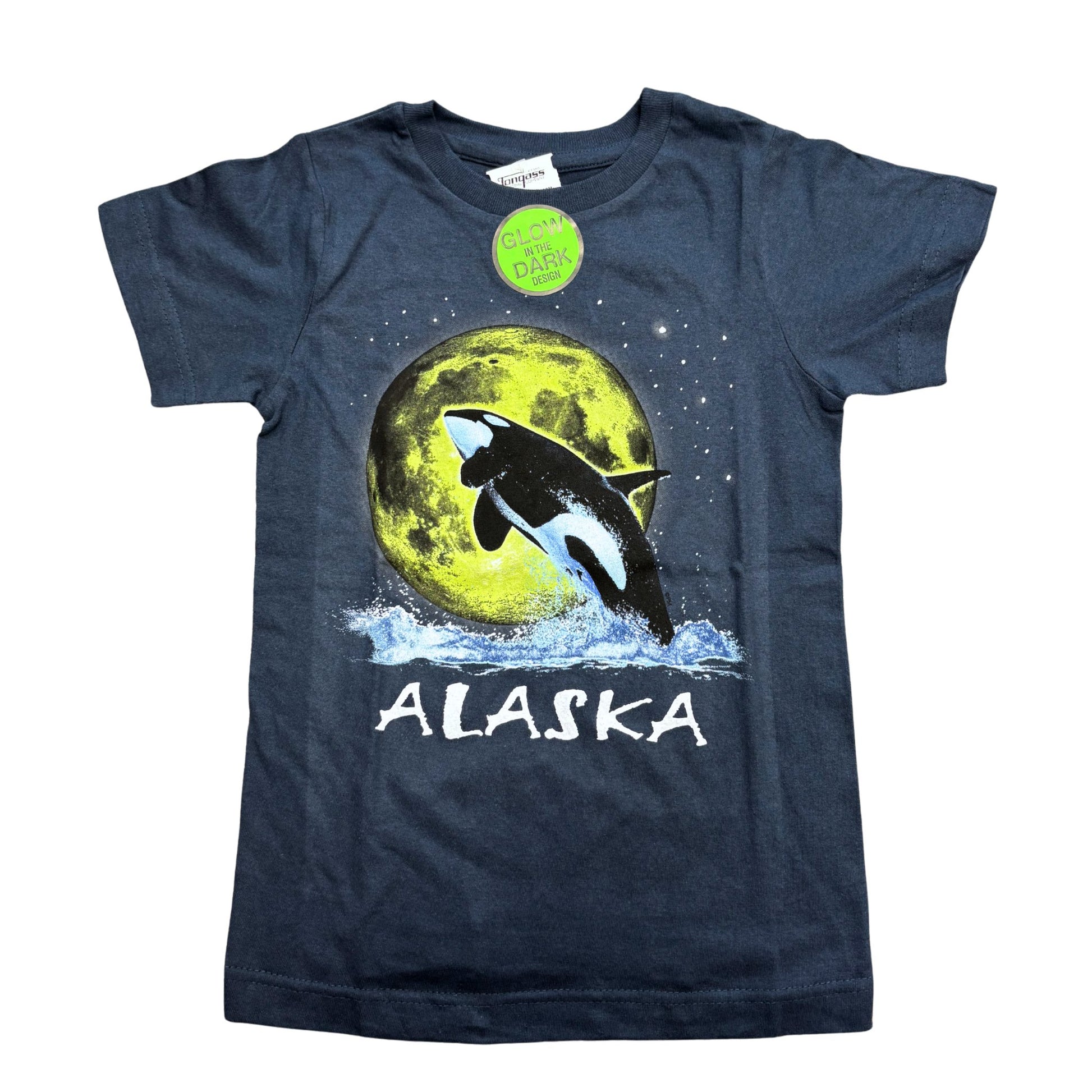 Navy blue t-shirt with an orca whale graphic and 'Alaska' text 