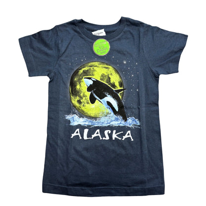 Navy blue t-shirt with an orca whale graphic and 'Alaska' text 