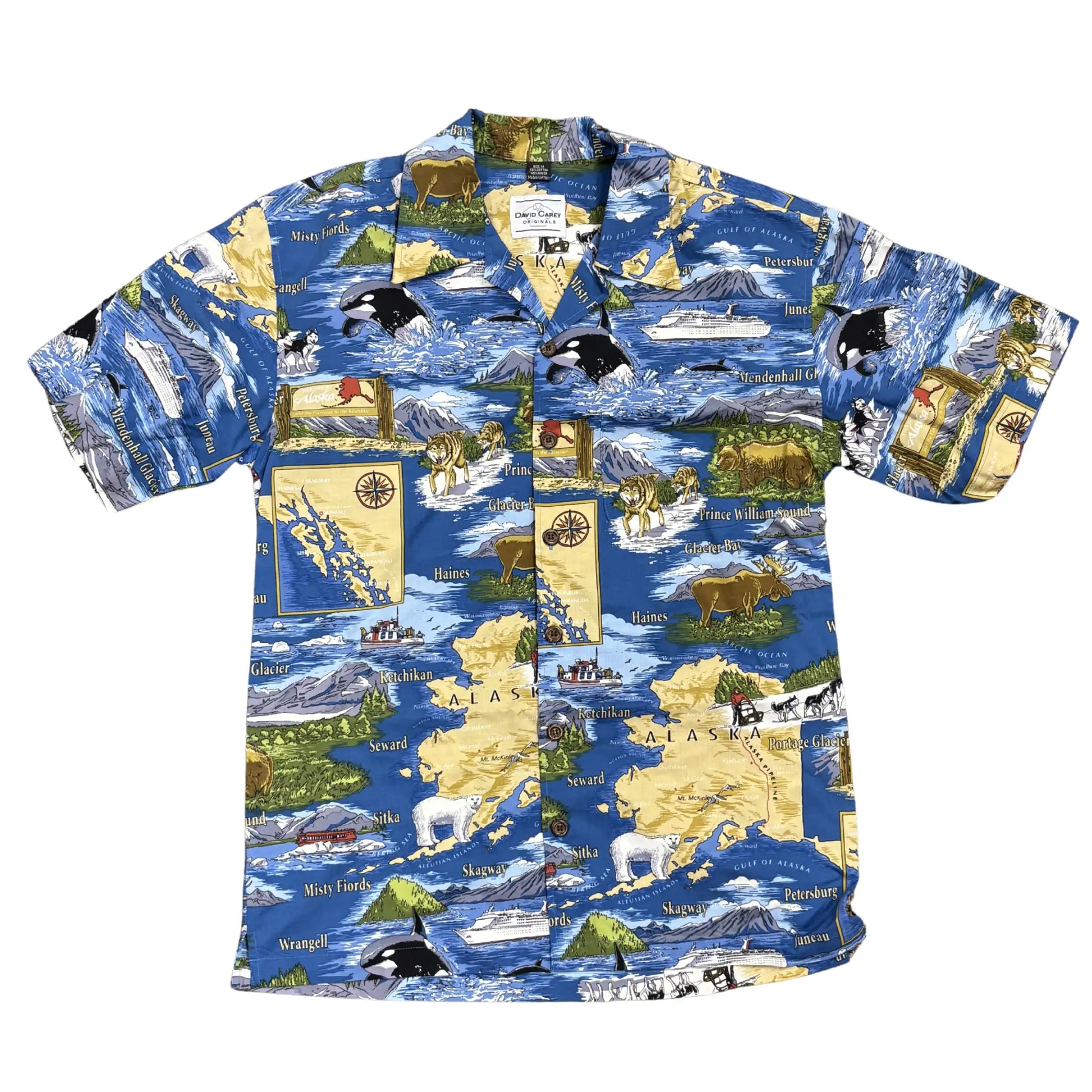 Alaska Hawaiian shirt with a colorful map and nature-themed design 