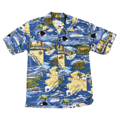 Alaska Hawaiian shirt with a colorful map and nature-themed design 