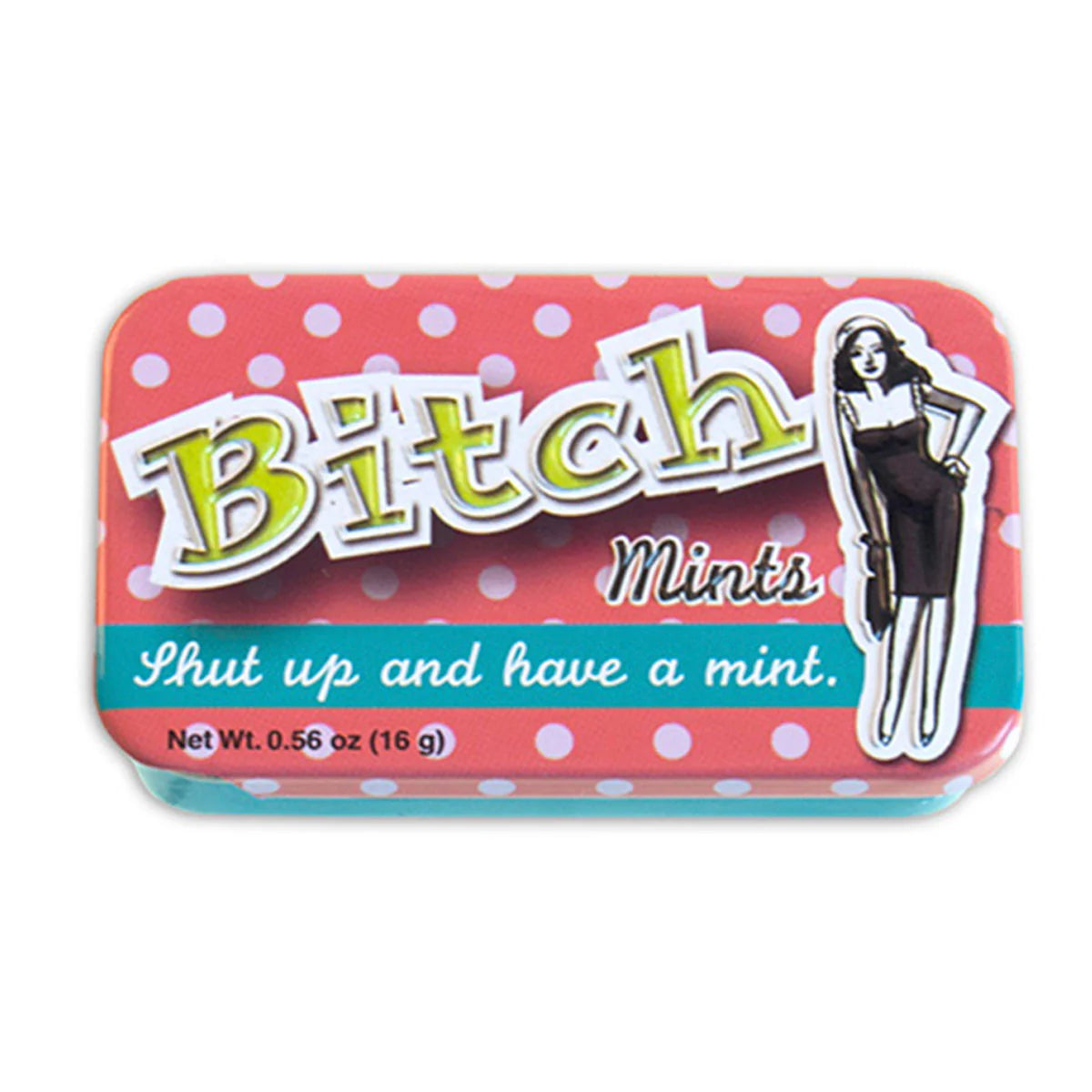 Tin labeled 'Bitch Mints' with a humorous design on a white background