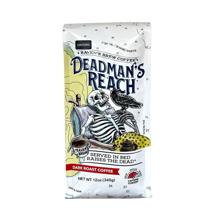 Deadman's Reach coffee bag with skeleton design on a white background