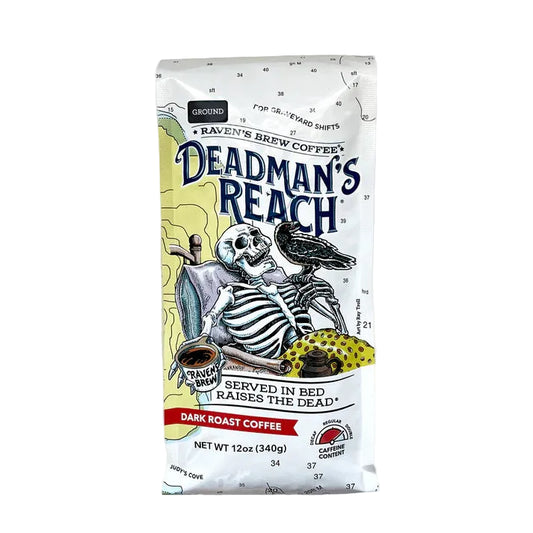 Deadman's Reach coffee bag with skeleton design on a white background