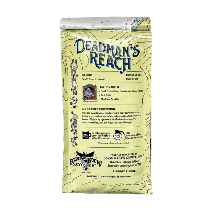 Deadman's Reach coffee bag with yellow label on a white background