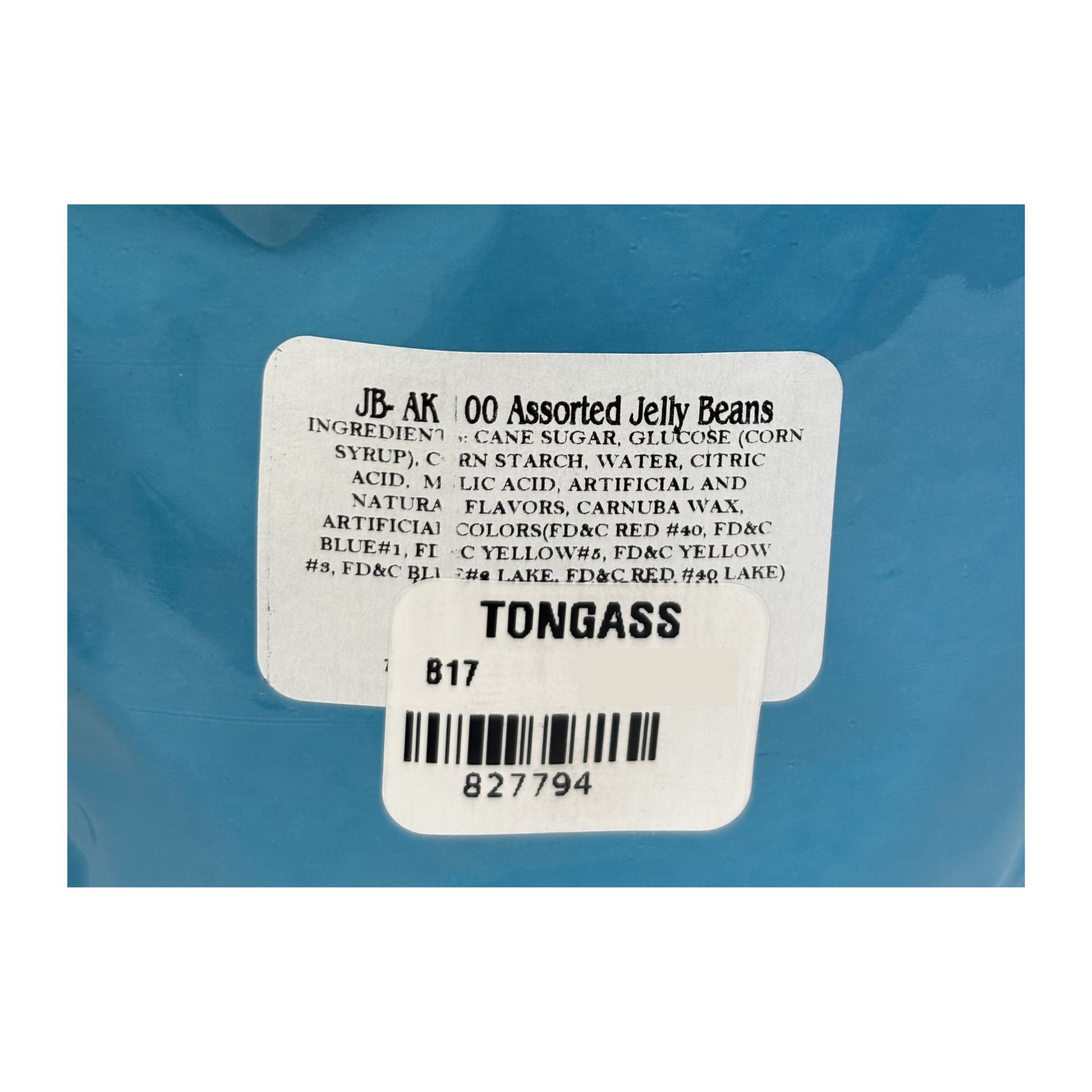 Back of a blue jellybean bag with a label displaying ingredients 
