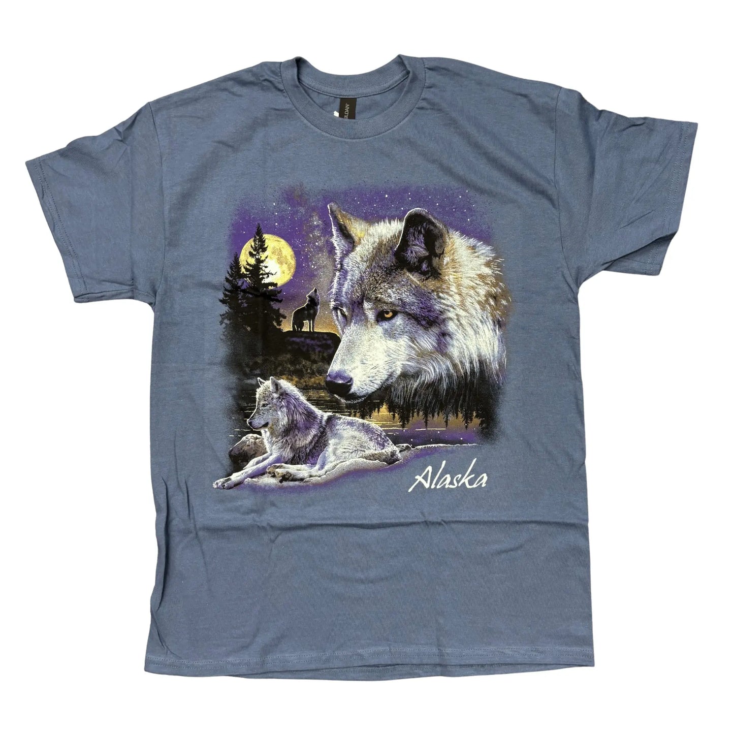 Blue T-shirt with wolf design and Alaska text