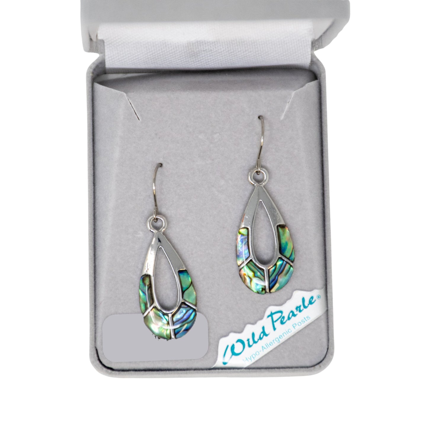 Pair of silver earrings with colorful accents in a gray box labeled 'Wild Pearle'.