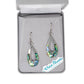 Pair of silver earrings with colorful accents in a gray box labeled 'Wild Pearle'.