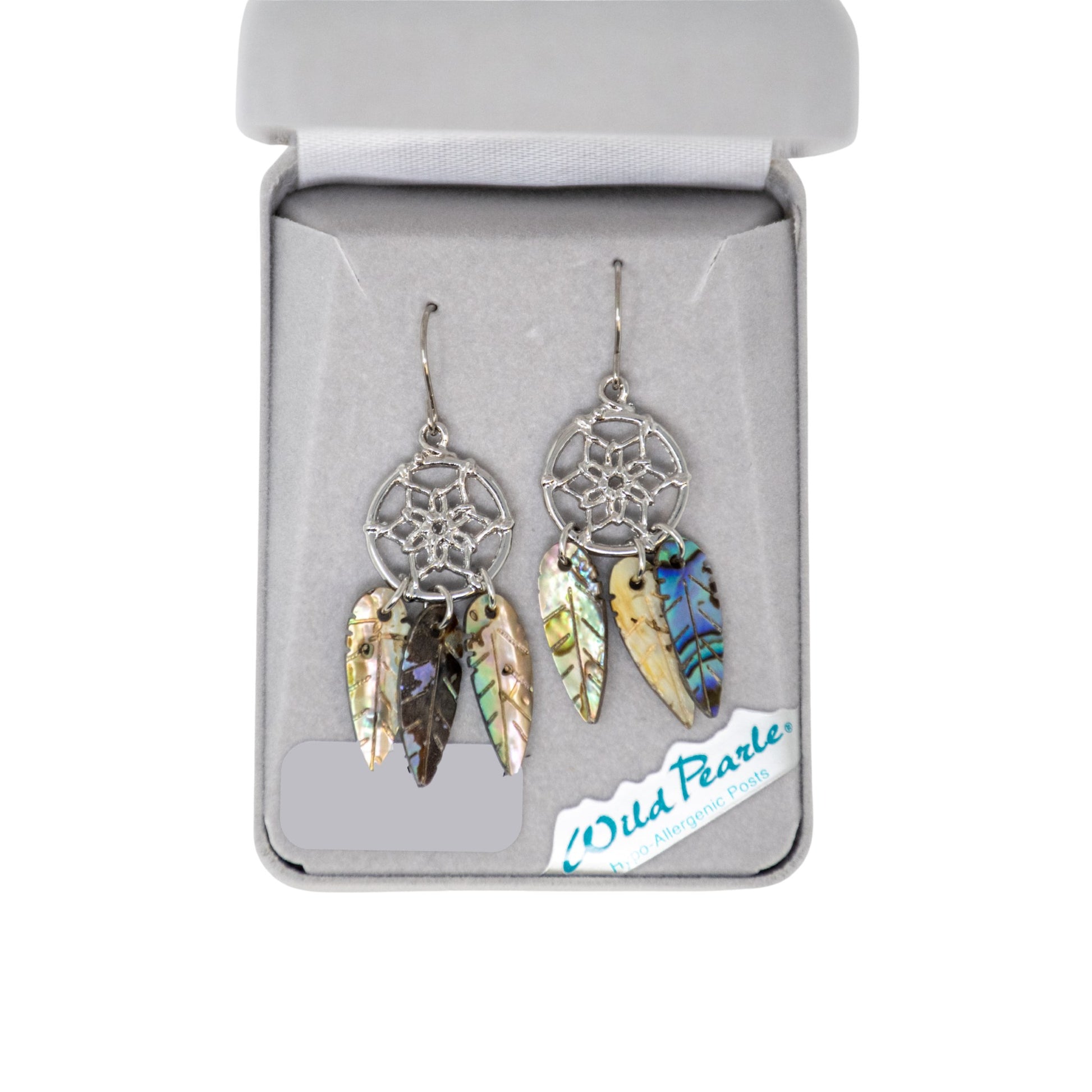 Silver dreamcatcher earrings with colorful feathers in a box labeled 'Wild Pearle'.