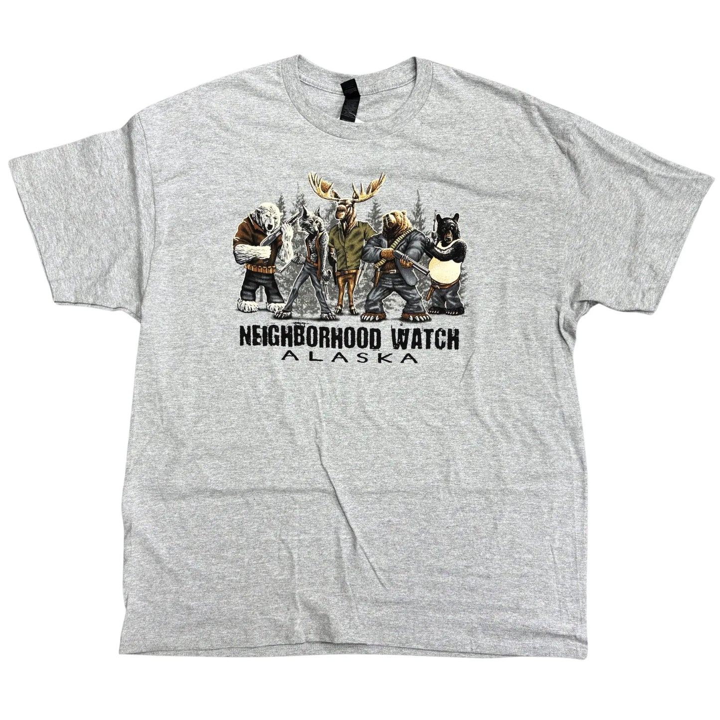 Gray Alaska t-shirt with a moose, bears, and a wolf with "Neighborhood Watch" Text