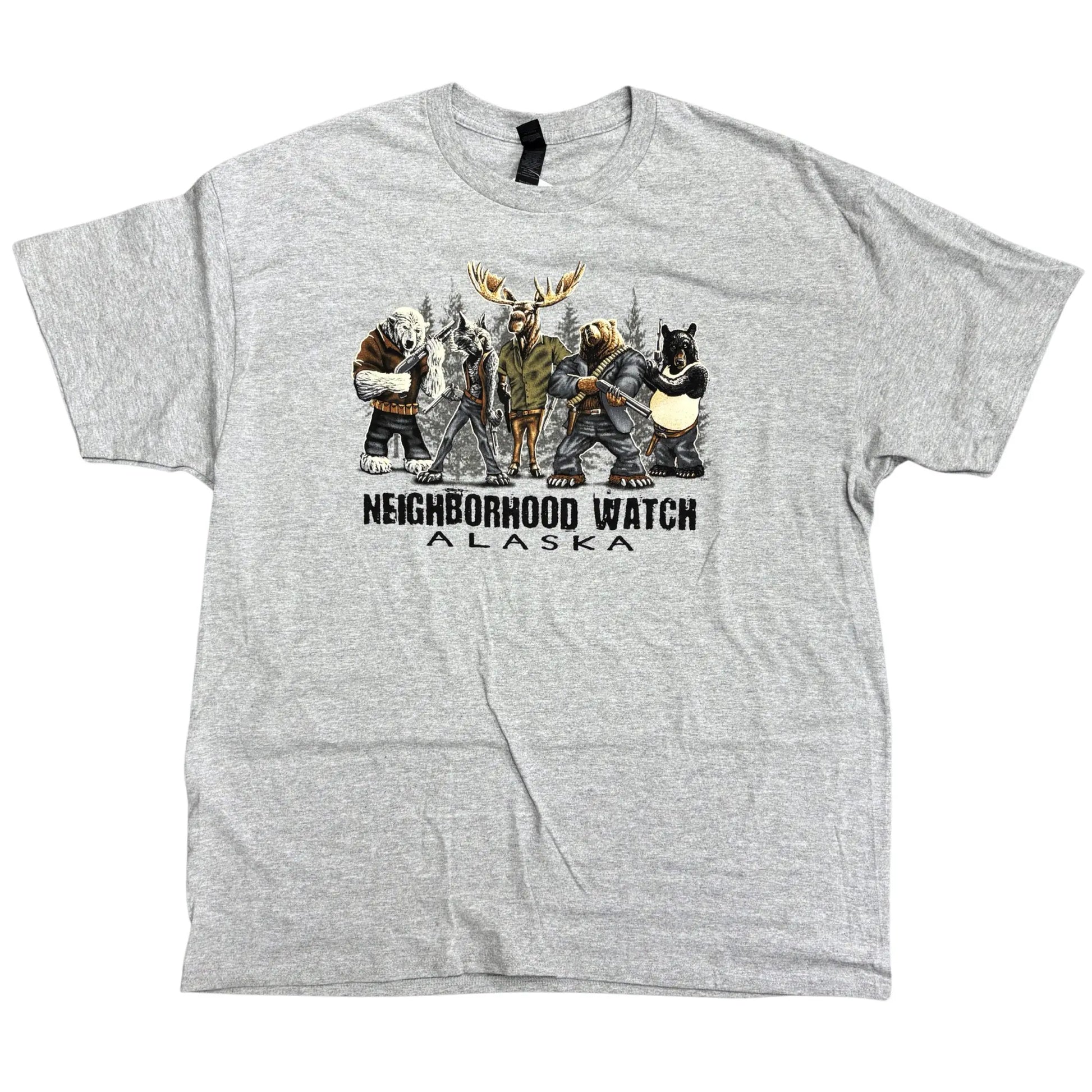 Gray Alaska t-shirt with a moose, bears, and a wolf with "Neighborhood Watch" Text